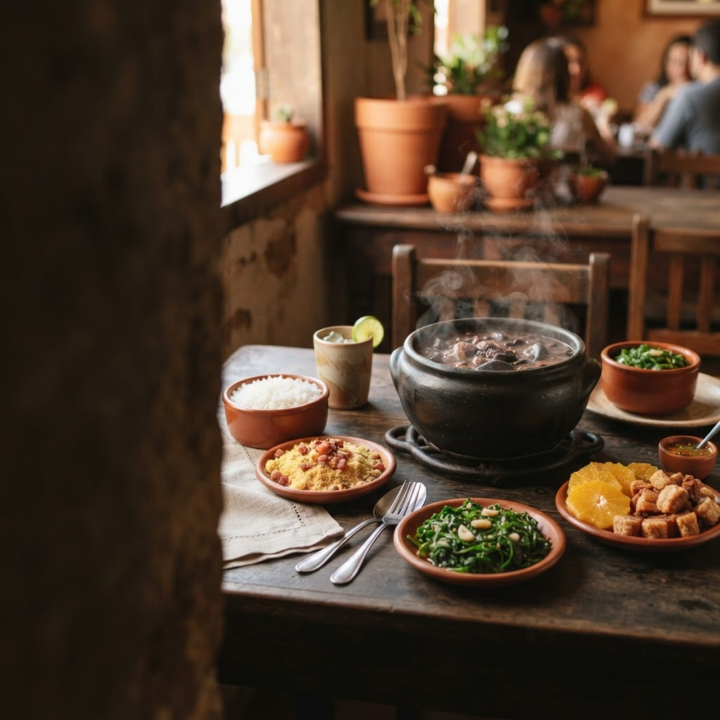 Mesa farta com feijoada, arroz, farofa, couve, laranja e torresmo
